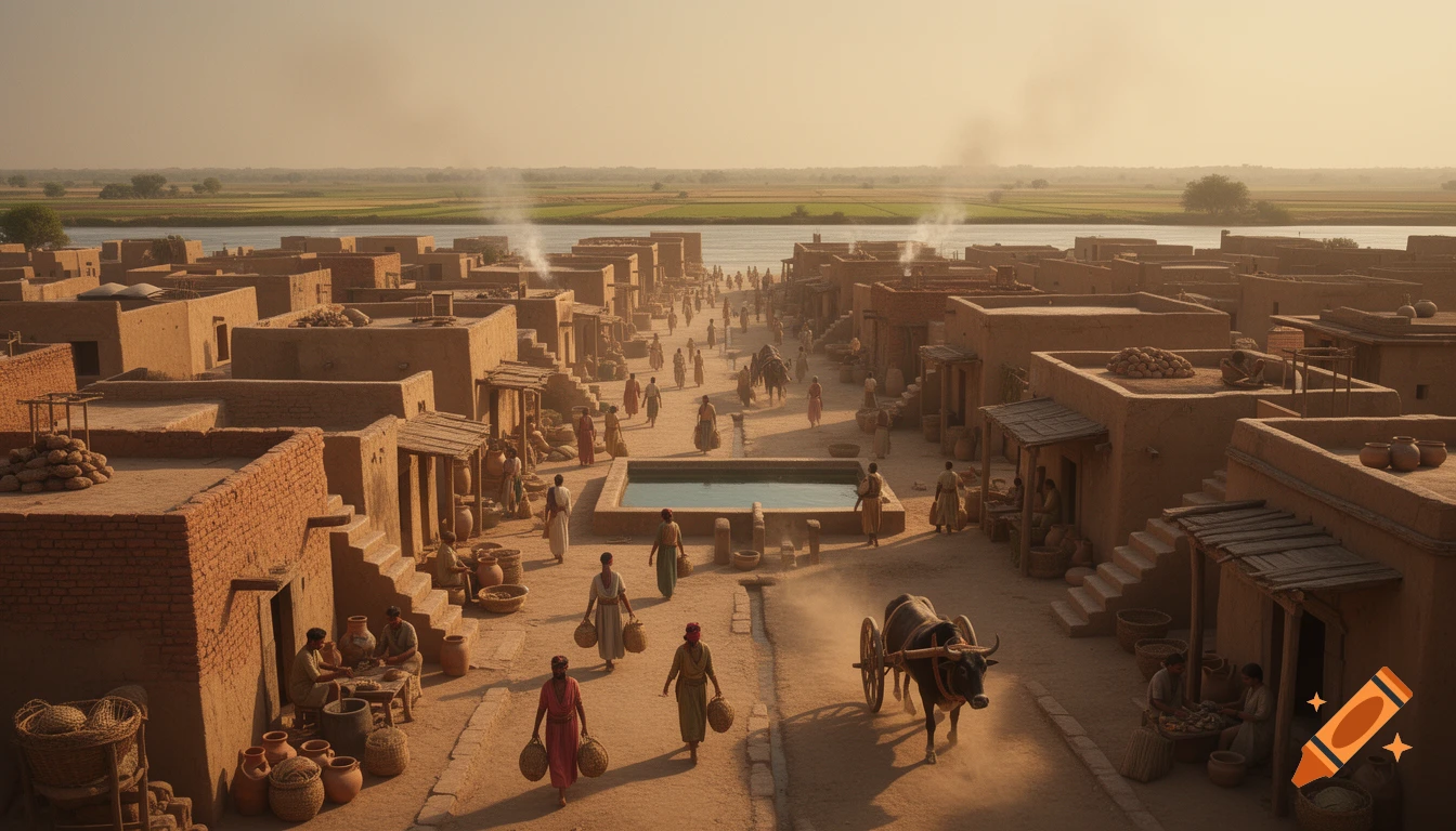 Cinematic shot of the ancient city of Mohenjo-daro with mud-brick houses, a central pool, and people walking in the dusty streets.