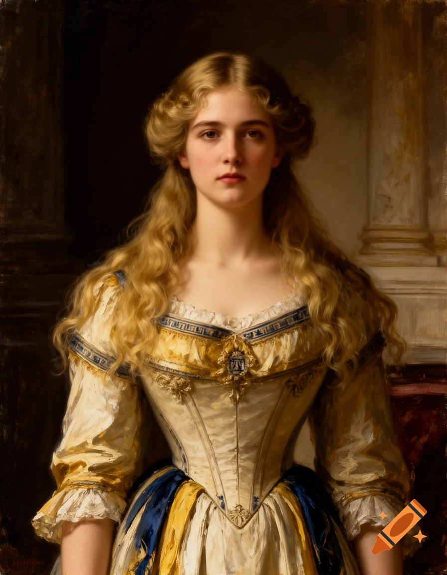 Oil painting portrait of a young woman with long blonde hair wearing a 1890s style ornate dress in grand manner style.