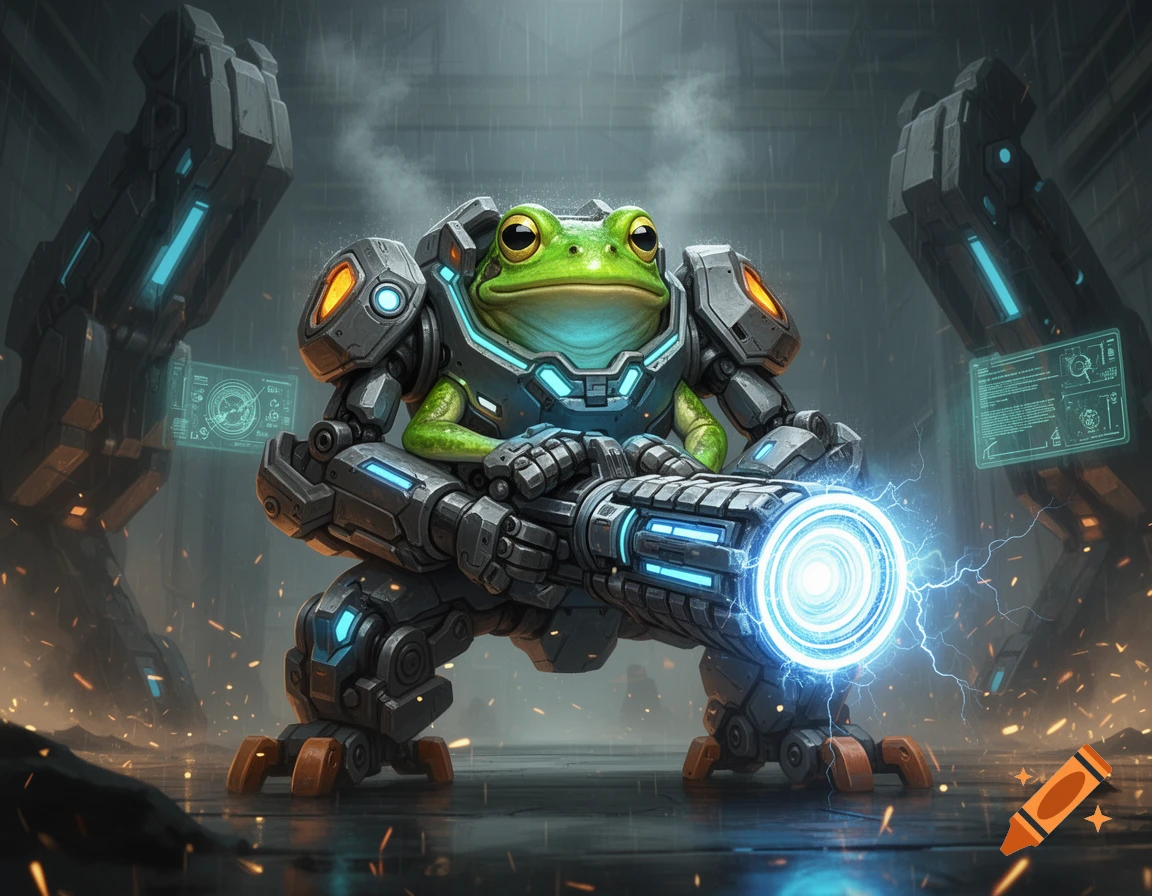 A digital drawing of a green frog in a robotic mech suit holding a glowing blue arc reactor gun in an industrial setting.