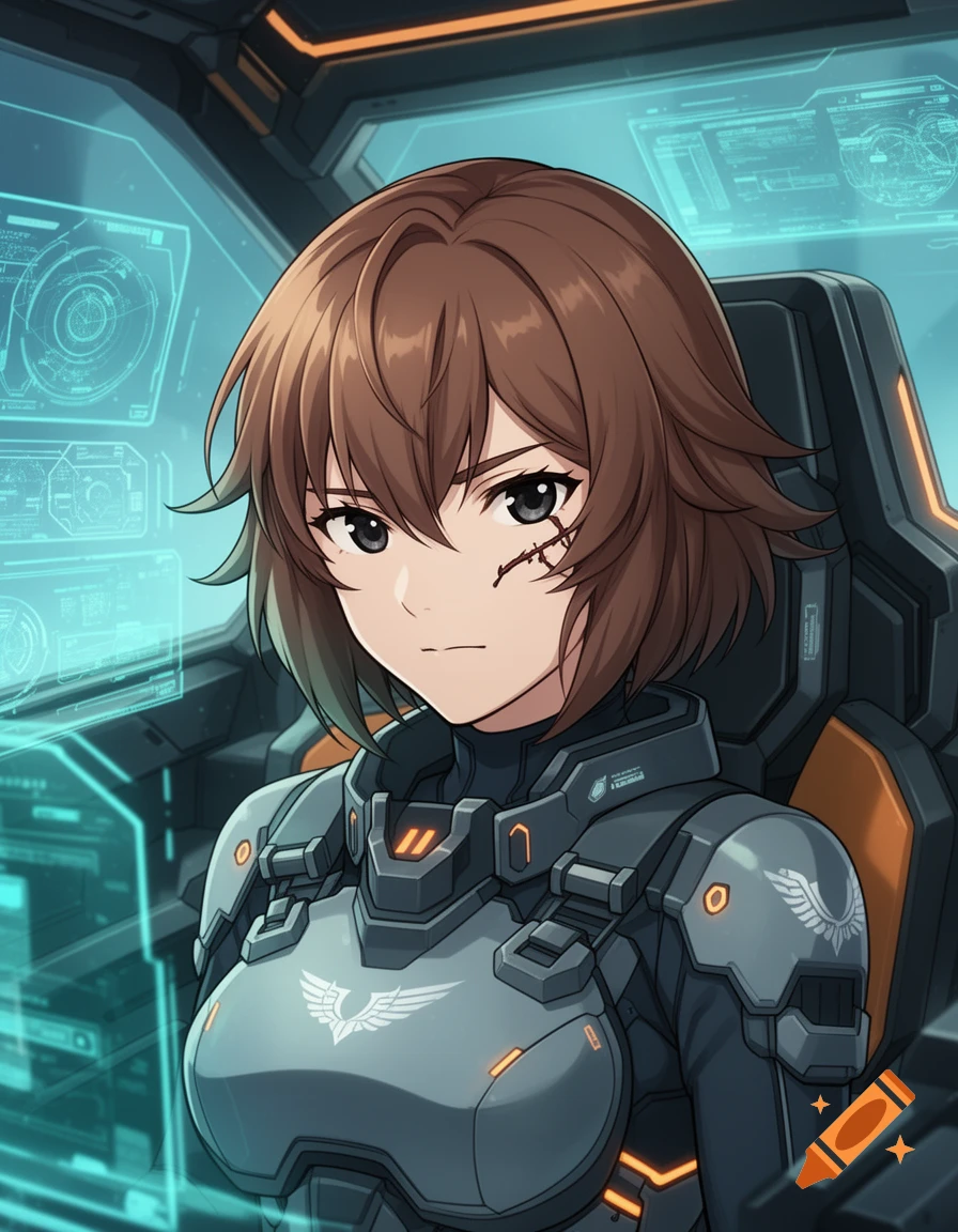 An anime style portrait of a female mecha pilot with a scar on her cheek inside a futuristic cockpit.