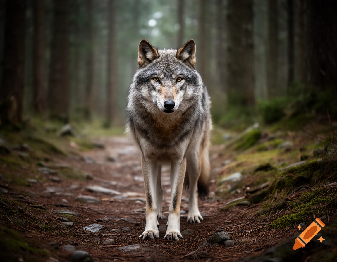 Photorealistic image of a grey wolf standing on a dirt path in a forest.