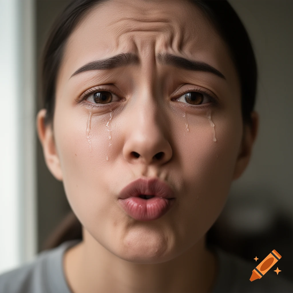Close-up photorealistic portrait of a young woman crying with a pouting expression.