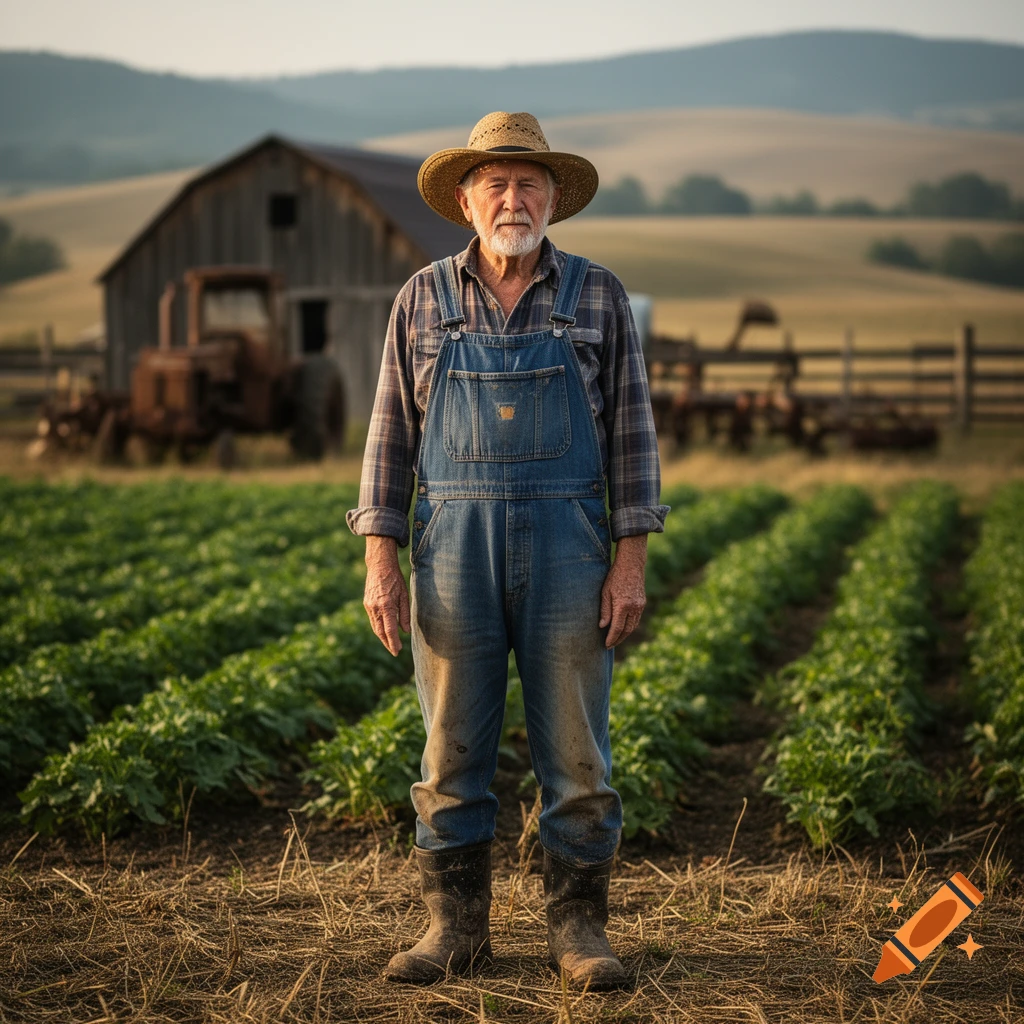 Photorealistic full-body portrait of an elderly male farmer in overalls and straw hat standing in front of a barn and fields.
