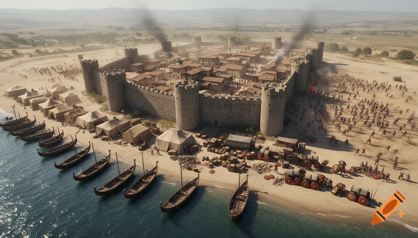Bird's-eye view of a walled ancient city by the sea with ships on the shore, tents, and soldiers fighting.