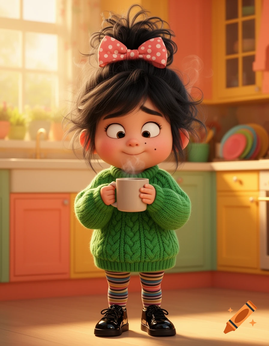 3D Pixar style illustration of a cute little girl with a messy bun and polka-dot bow holding a coffee mug in a warm kitchen.