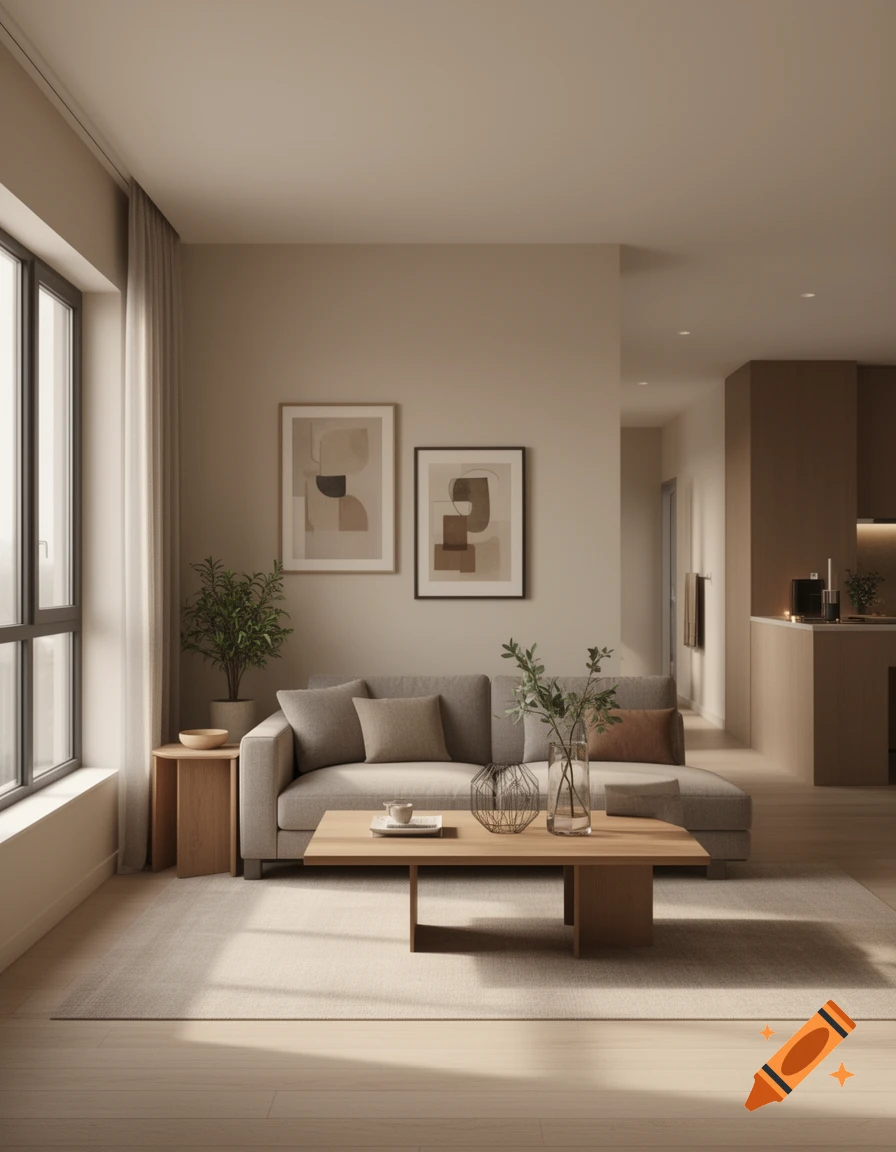 Photorealistic modern minimalist living room with neutral beige tones, a grey sofa, wooden coffee table, and abstract wall art.
