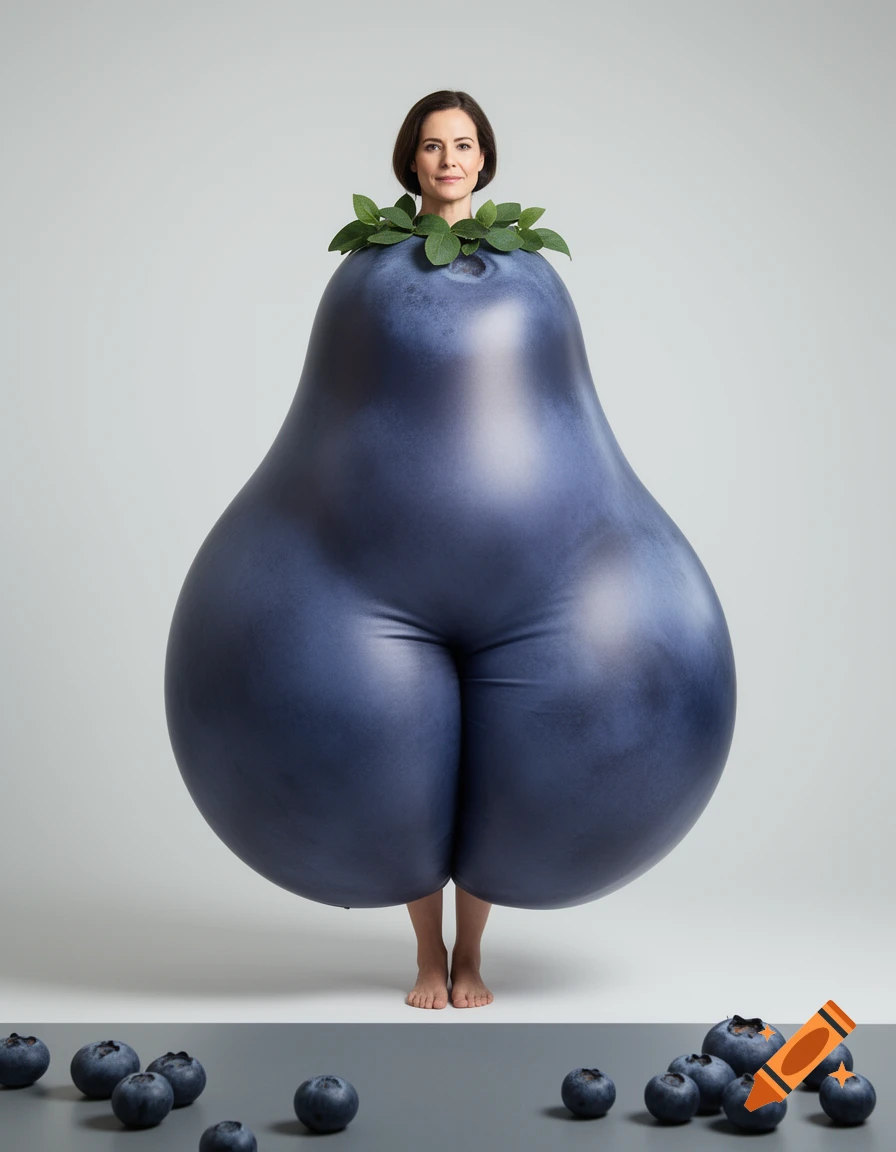 Photorealistic image of a woman's head emerging from a giant blueberry-shaped body with green leaves on top, standing on a grey surface.