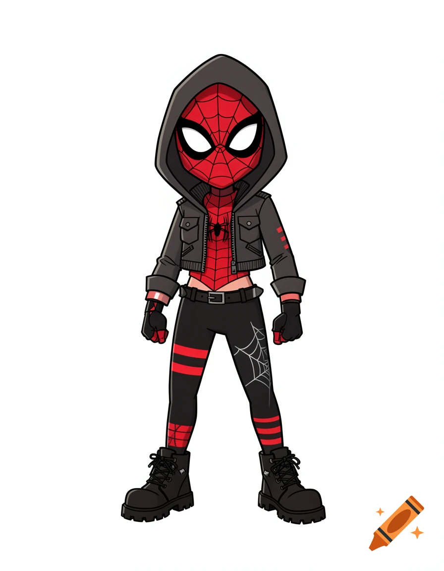 2D cartoon illustration of a punk Spider-Girl with a full-face mask, hoodie, jacket, and combat boots against a white background.