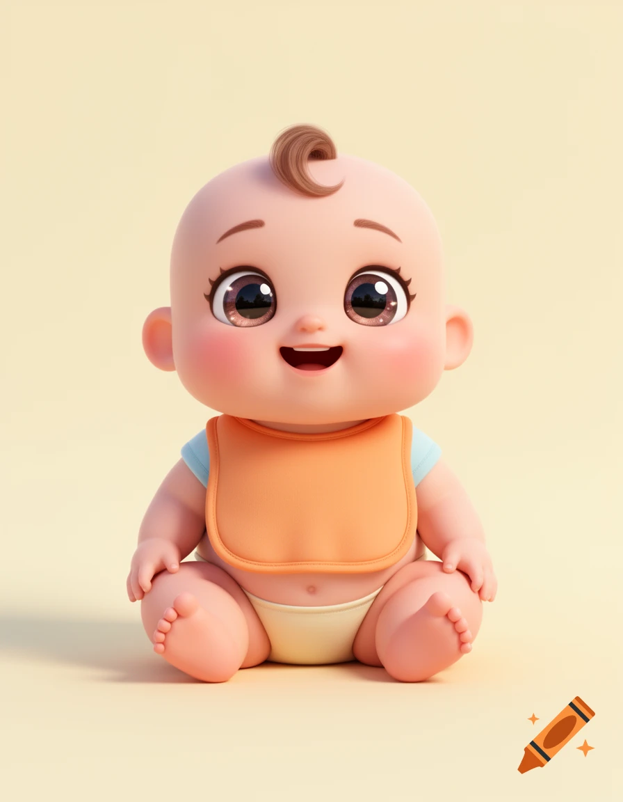 3D cartoon baby with huge sparkling eyes, rosy cheeks, and an orange bib sitting against a pastel yellow background.
