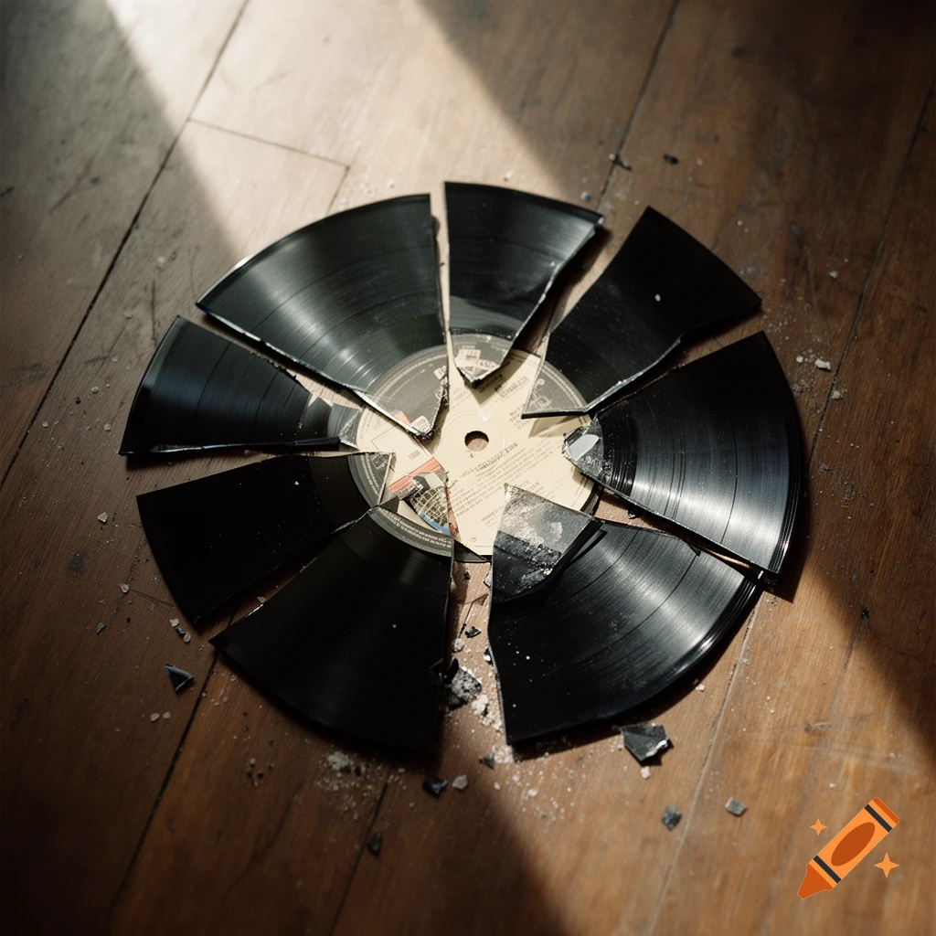 An overhead view of a broken vinyl record shattered into several pieces on a wooden floor.