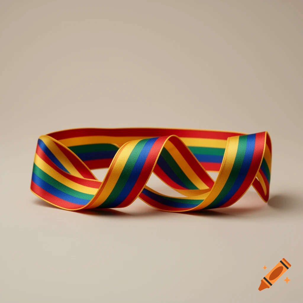 A colorful rainbow ribbon twisted into a loop on a neutral beige background, photorealistic style.