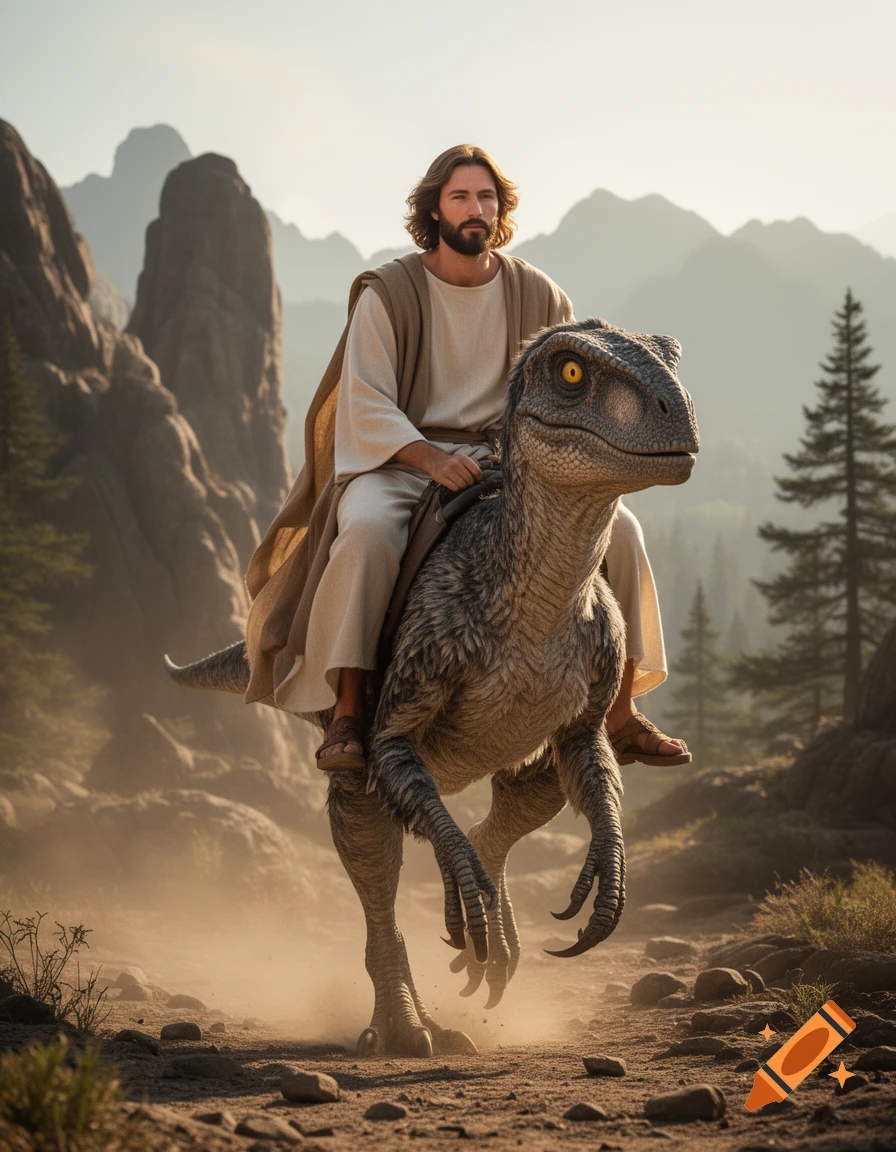 Photorealistic image of Jesus riding a velociraptor through a dusty mountainous landscape with pine trees.