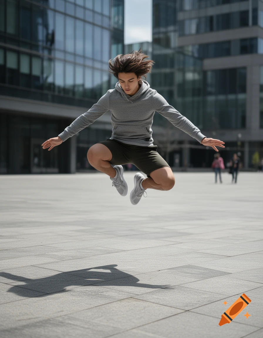A young person with long hair jumping in mid-air in a paved plaza surrounded by modern buildings.
