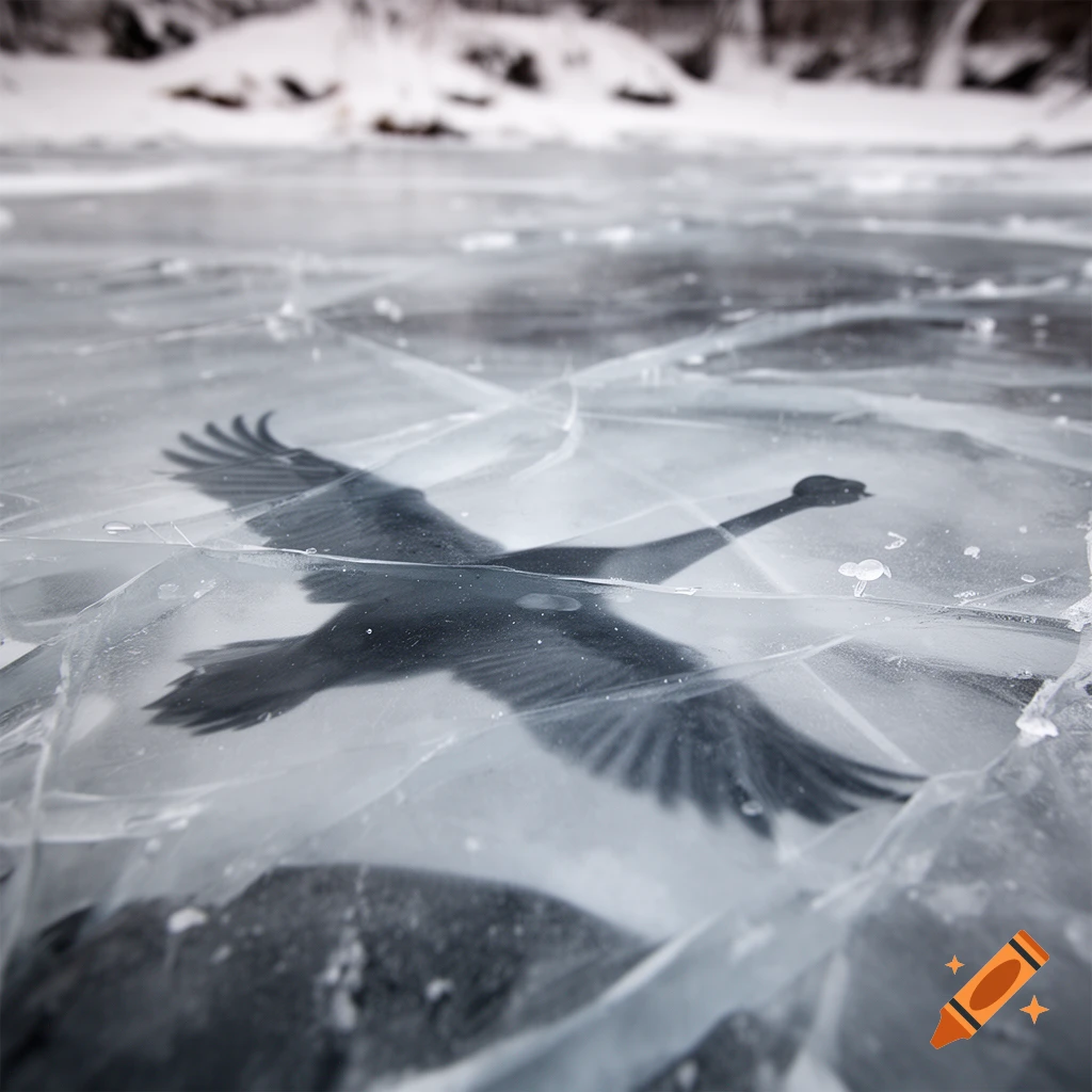 Photorealistic image of a swan's shadow trapped under silken, cracked winter ice.