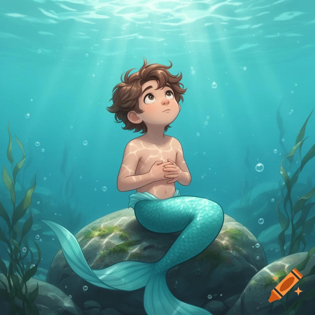 Digital illustration of a young merboy with brown hair and an aqua blue tail sitting on an underwater rock, looking up toward the surface.