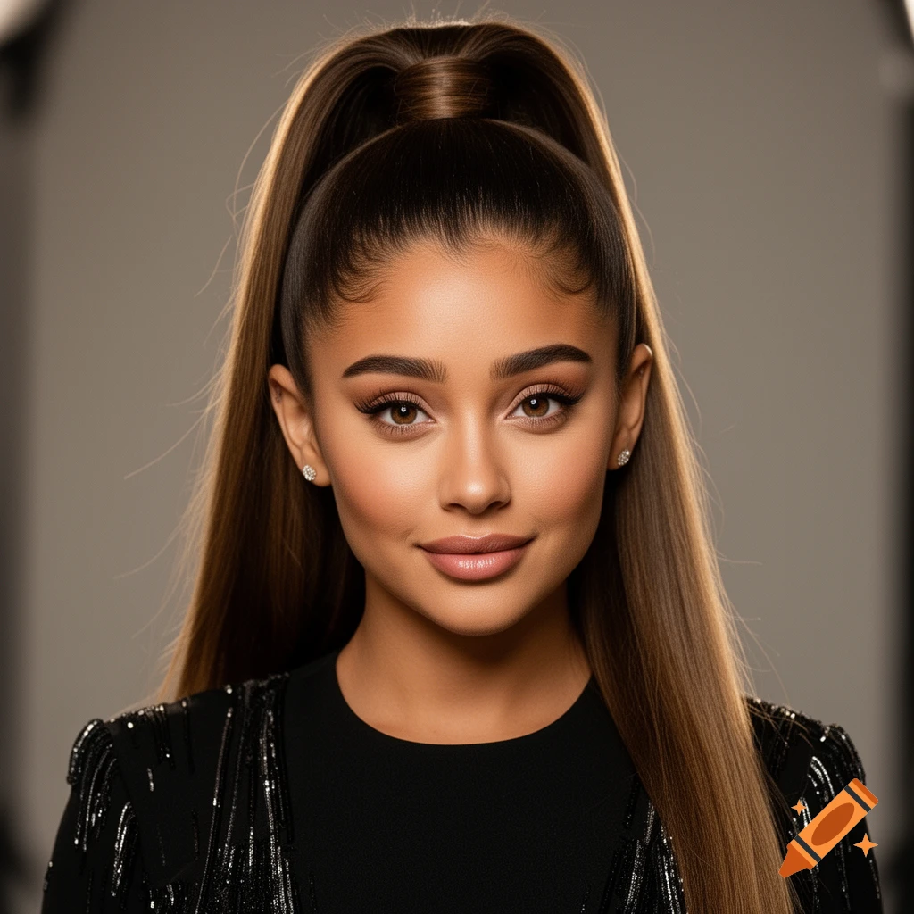 Photorealistic studio portrait of a woman with long brown hair in a high ponytail, wearing a black sequined top, looking directly at the camera.