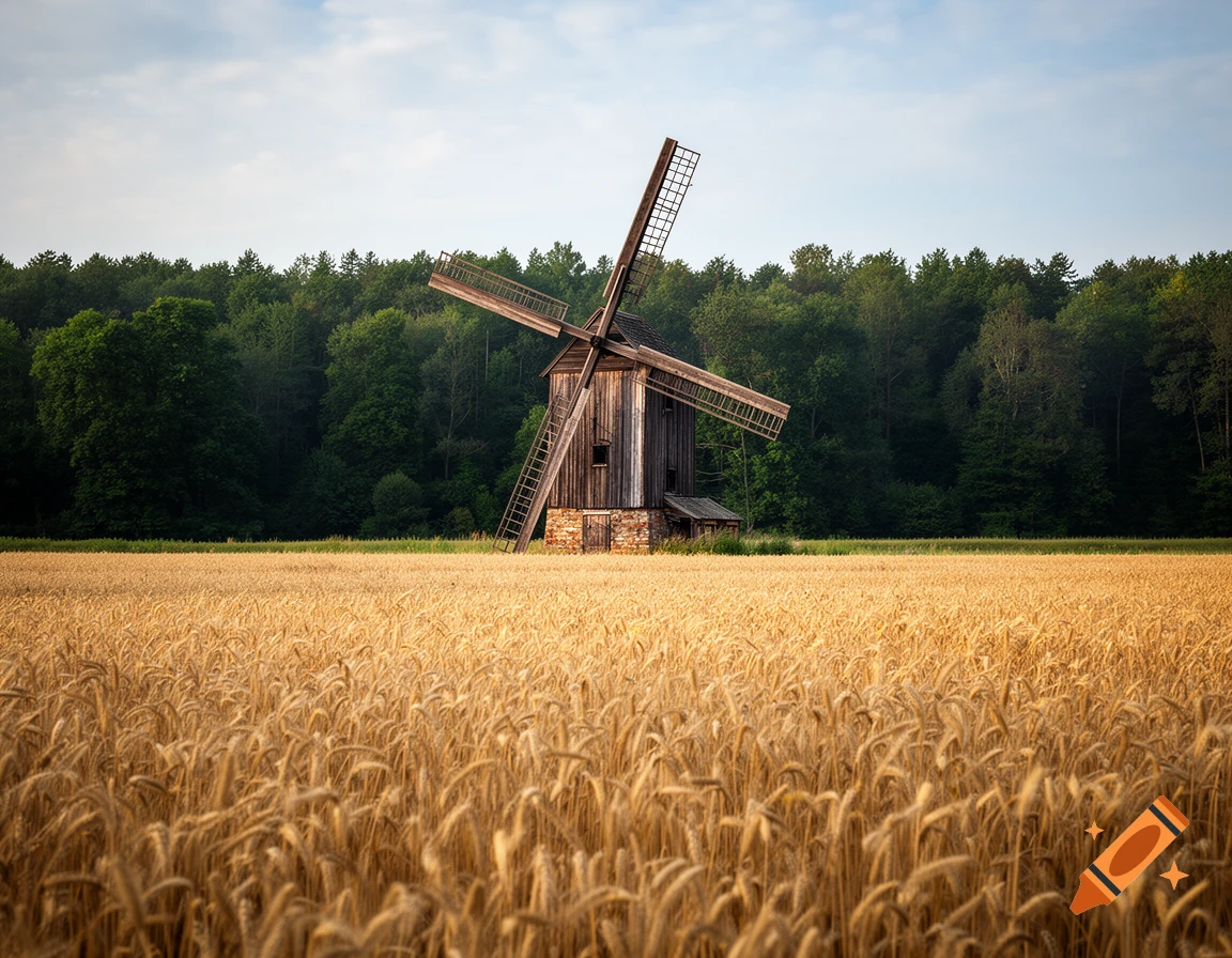 Photorealistic landscape of a wooden windmill in a golden wheat field with a dense forest in the background under a blue sky.