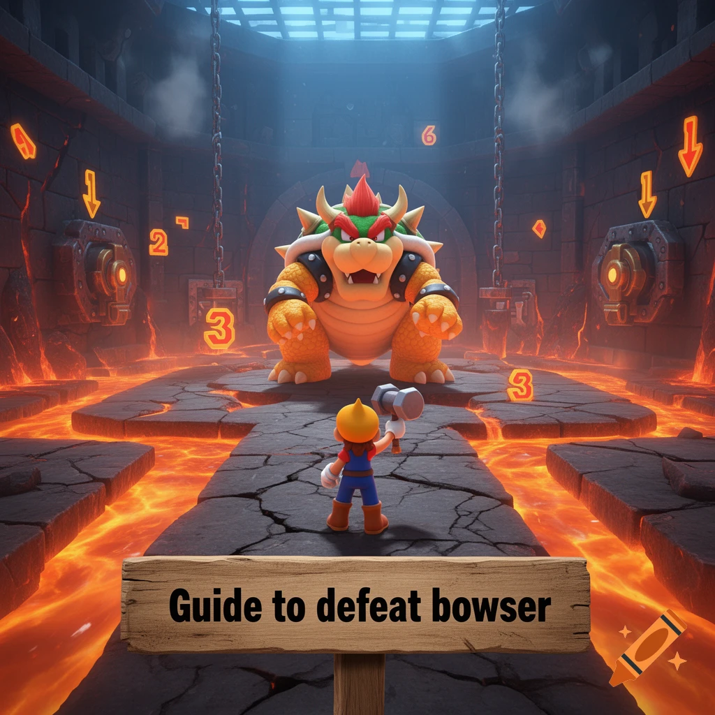 A 3D render of a character holding a hammer facing Bowser in a stone dungeon with lava, featuring a sign reading Guide to defeat bowser.