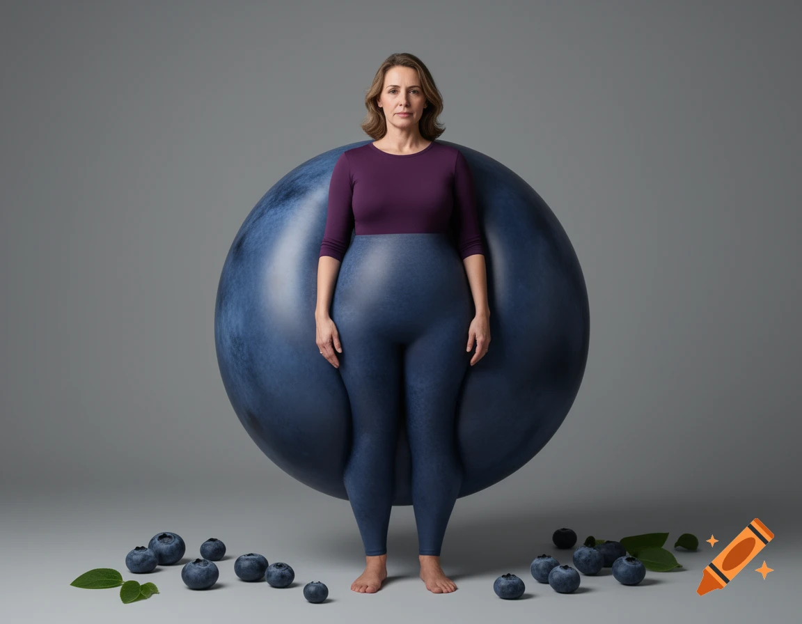 Photorealistic image of a woman standing inside a giant blueberry, surrounded by scattered blueberries on a gray floor.