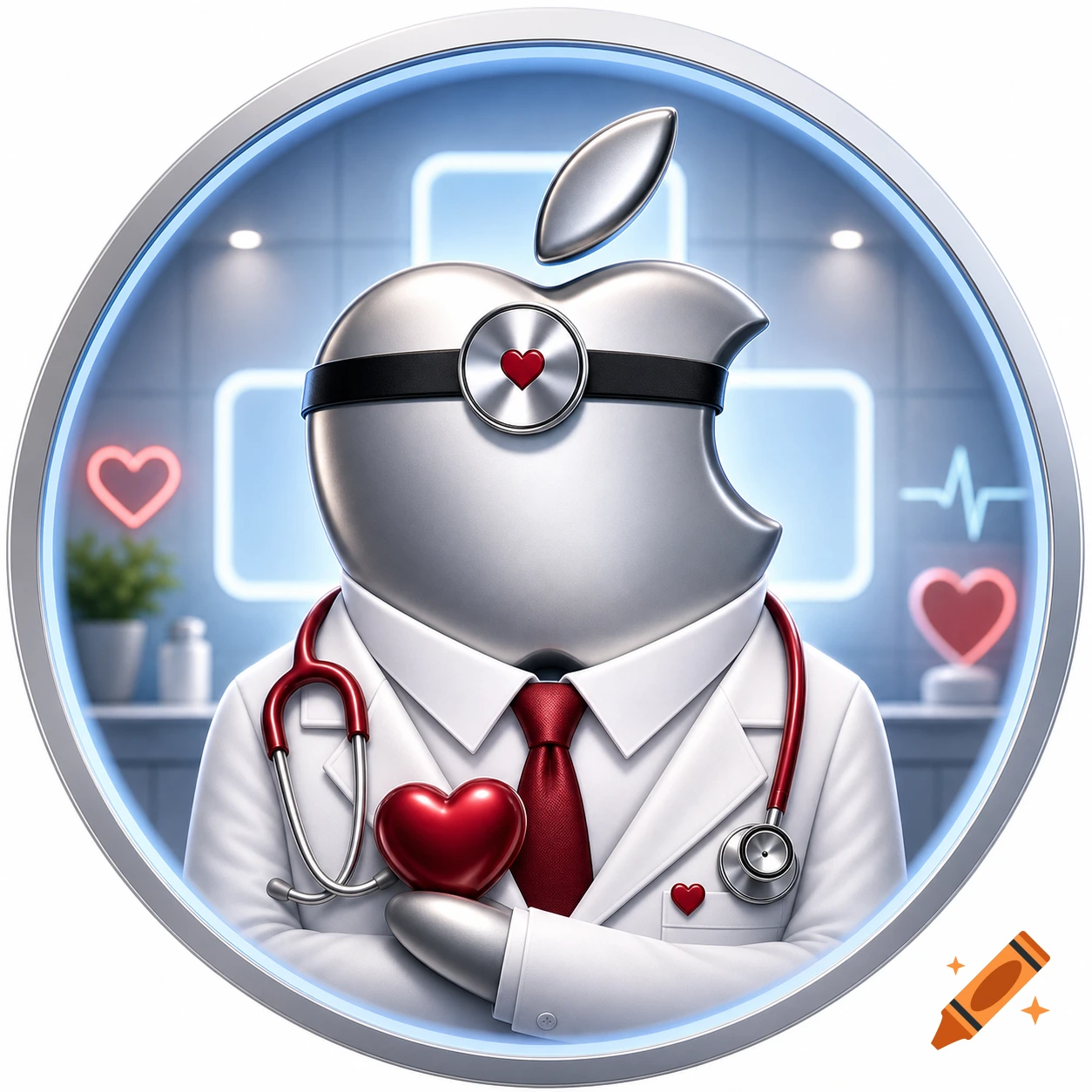 A 3D render of a silver Apple logo dressed as a doctor with a stethoscope and red heart, set inside a circular badge against a clinical medical background.