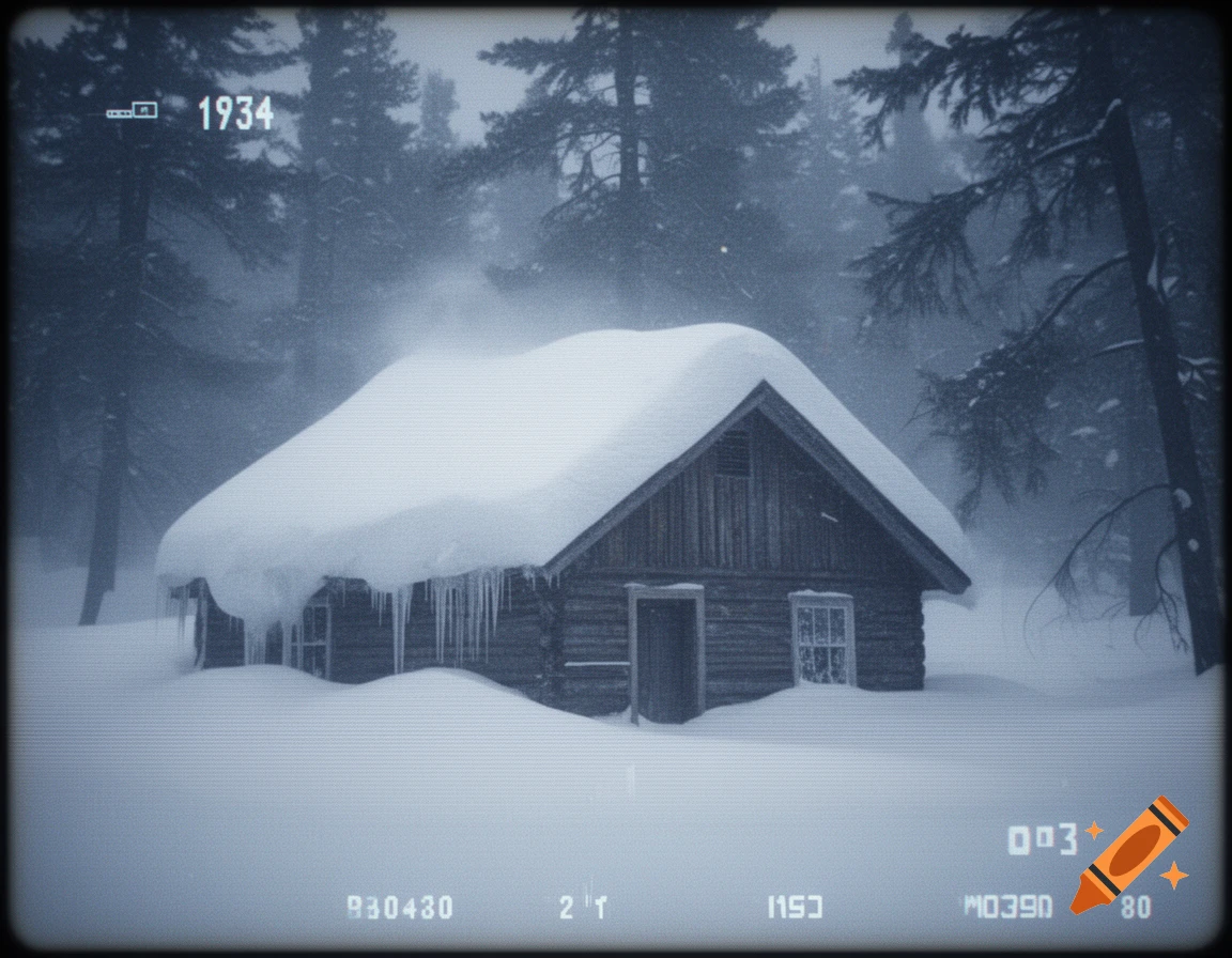 VHS style photo of a wooden cabin covered in heavy snow during a blizzard in 1934.