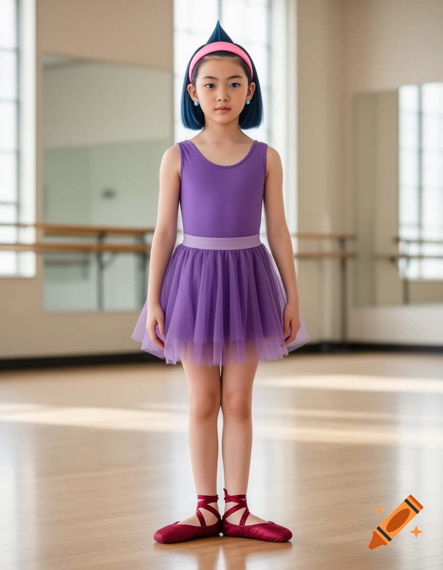 Photorealistic full-length portrait of a young girl with blue hair in a purple ballet tutu and red ribboned slippers inside a dance studio.