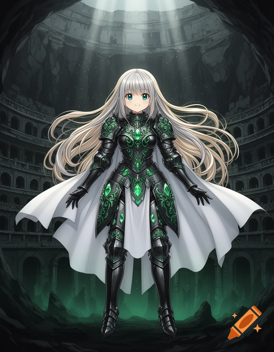 Anime style illustration of a girl in dark medieval full plate armor with emerald filigree and a white cape, standing in a subterranean colosseum.