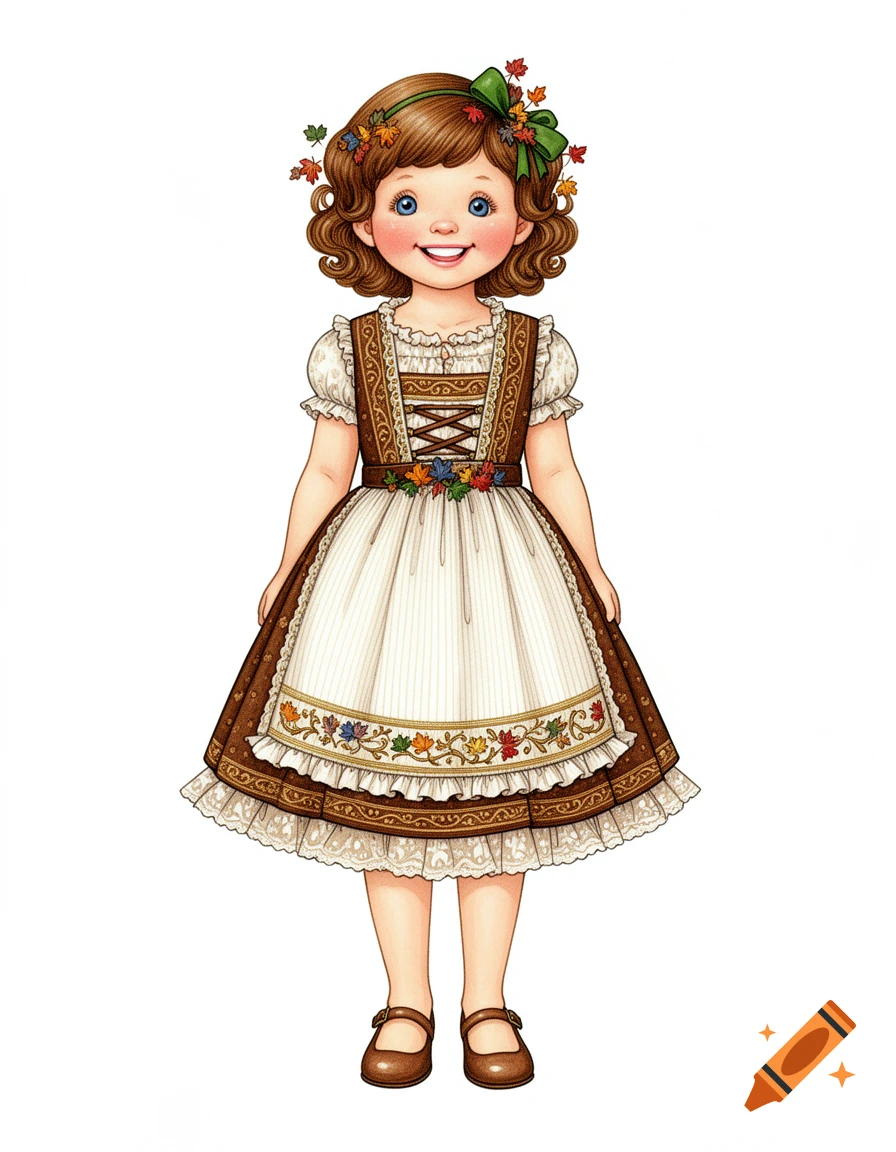 Illustration of a young smiling girl with curly brown hair and a green headband, wearing a brown and white traditional dirndl dress.