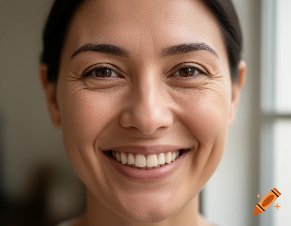 Close-up portrait of a smiling woman with warm brown eyes and natural skin texture.
