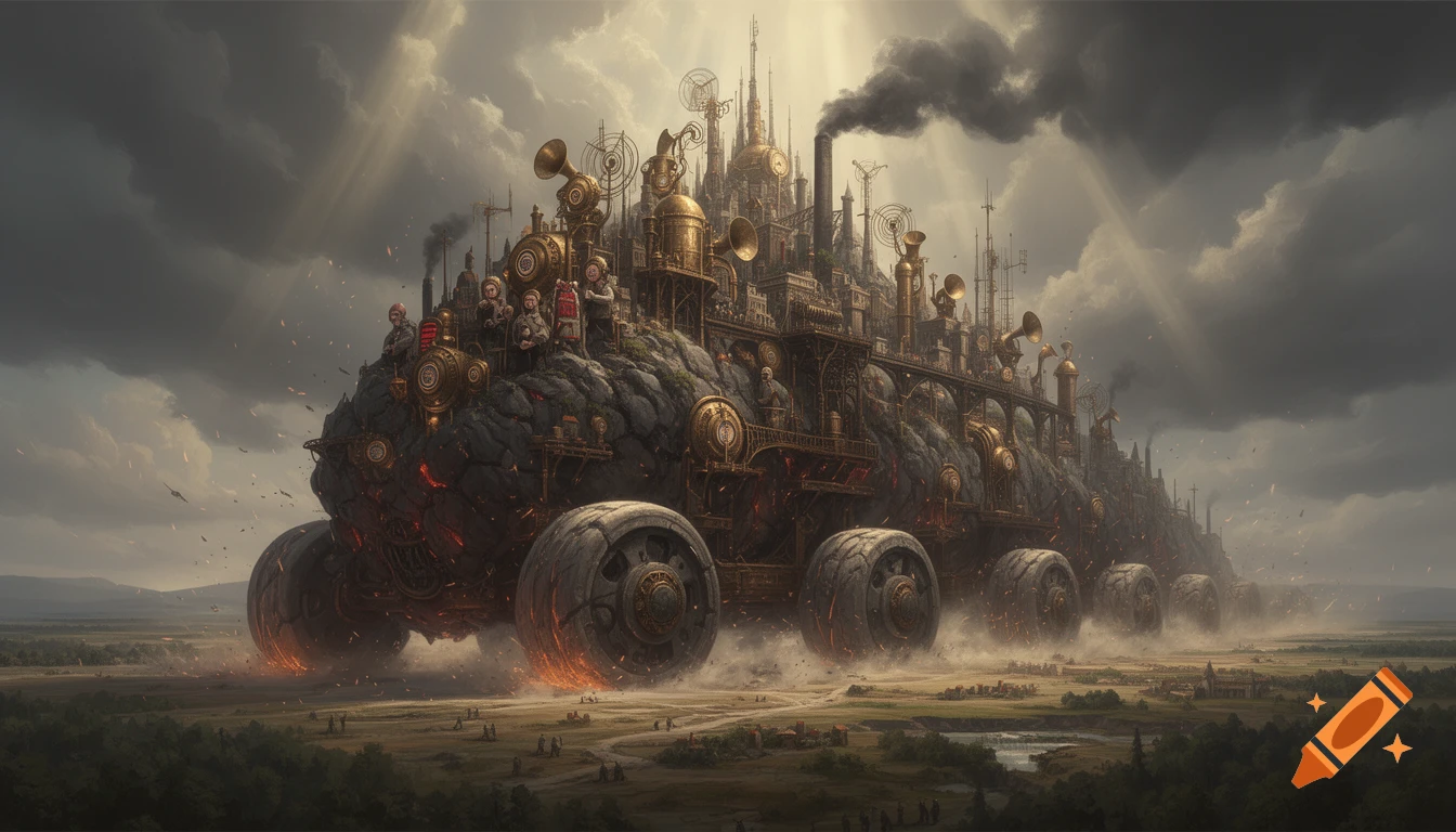 A massive steampunk city built on a giant moving rock with colossal stone wheels, traversing a barren landscape under a stormy sky.
