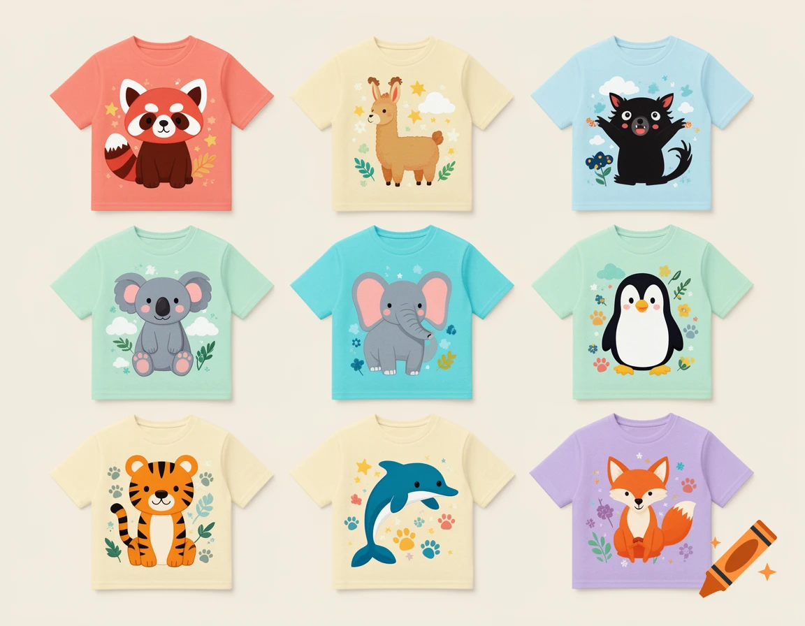 Nine colorful children's t-shirts featuring cute illustrated animals including a red panda, llama, and koala.