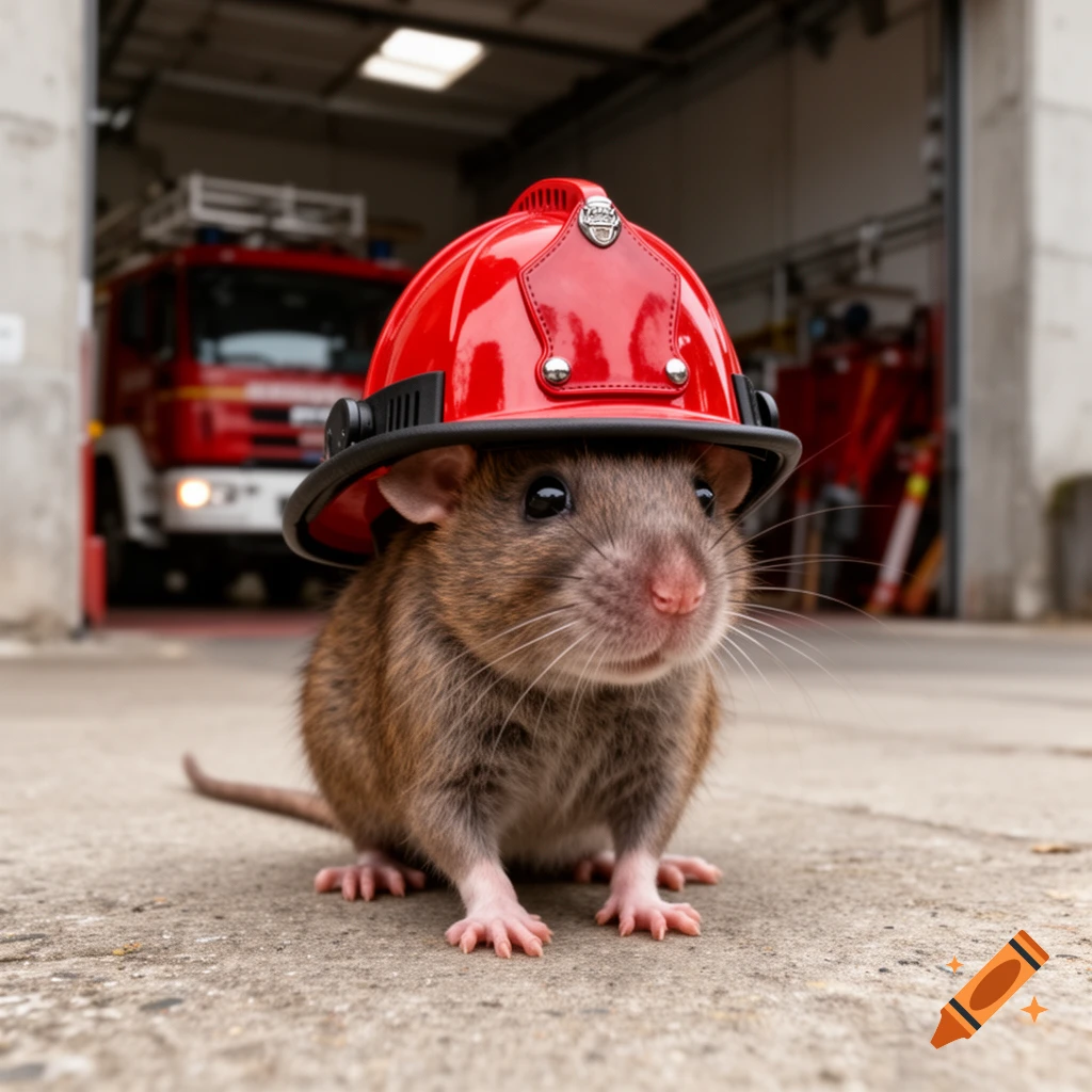 A close-up photorealistic shot of a brown rat wearing a red firefighter helmet in front of a fire station.