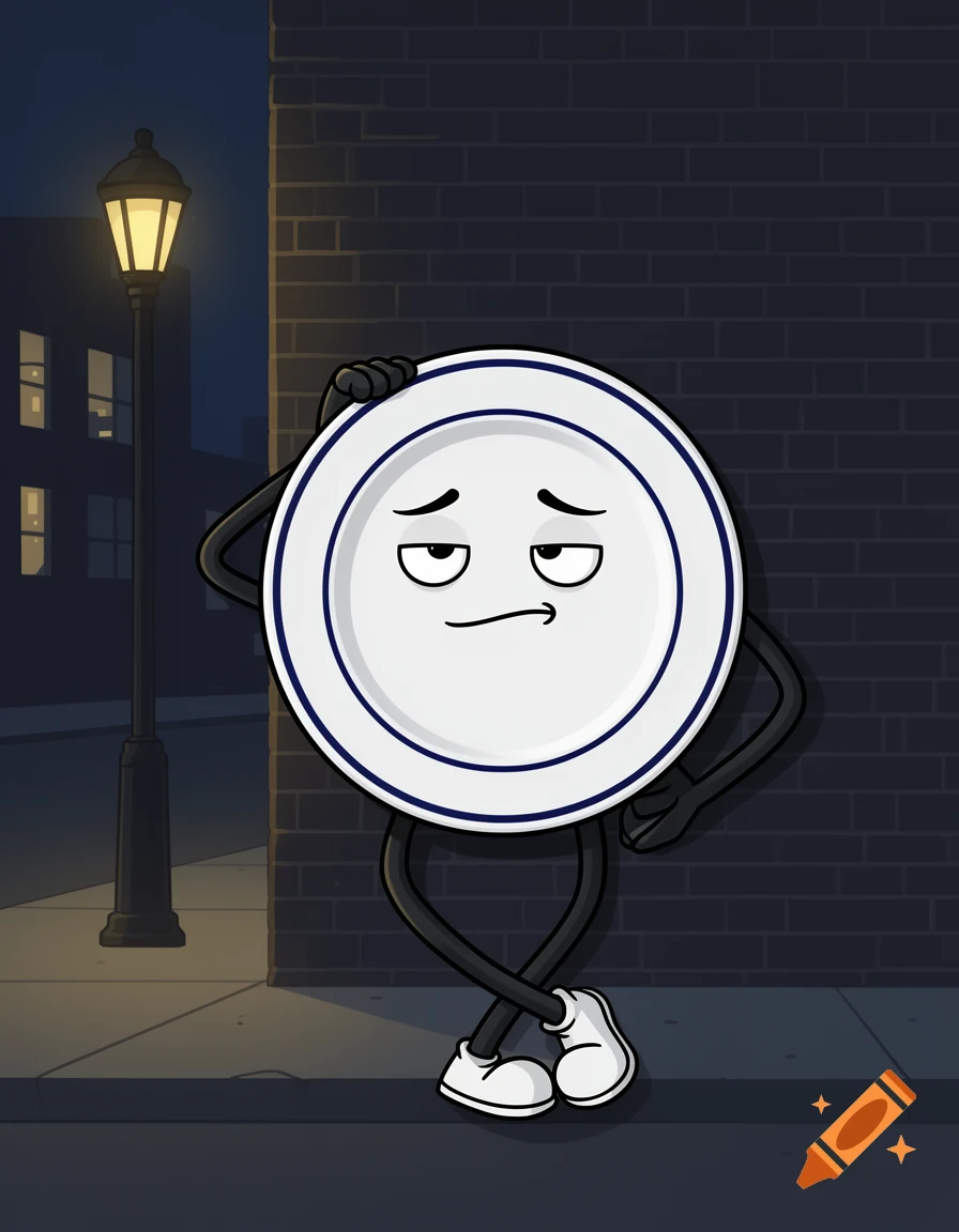 A cartoon illustration of an anthropomorphic dinner plate leaning against a brick wall at night under a streetlamp.