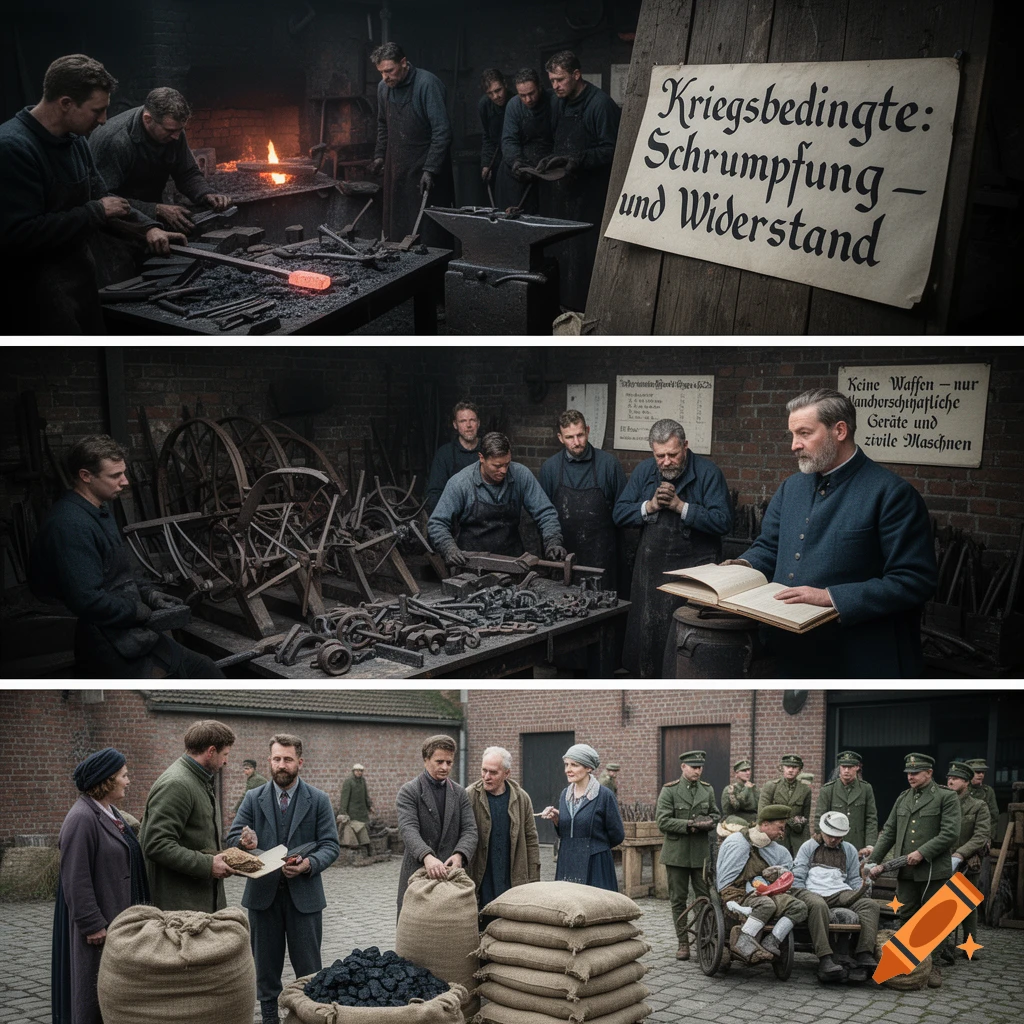 A triptych of historical scenes depicting a blacksmith workshop, workers inspecting machinery, and people gathered outdoors.