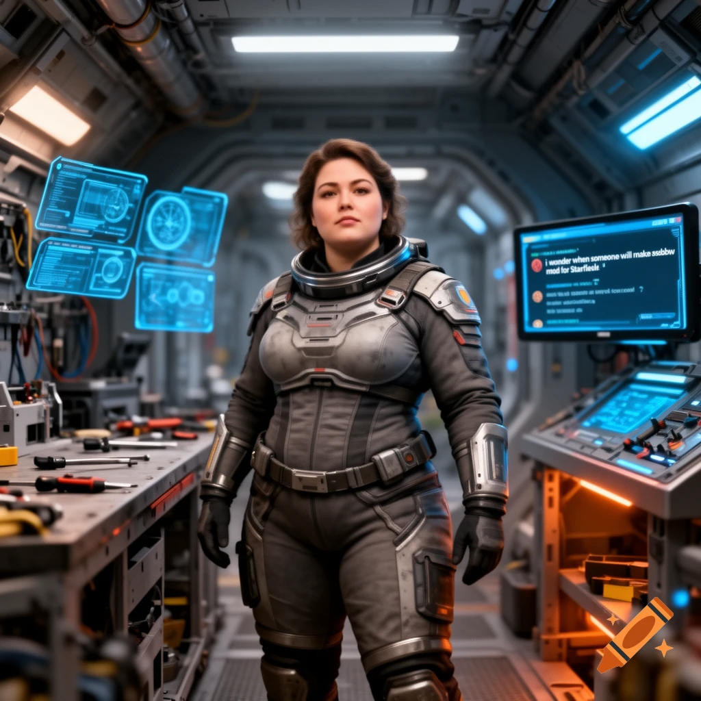 Photorealistic medium shot of a plus-size woman in futuristic spacesuit standing in a spaceship interior.