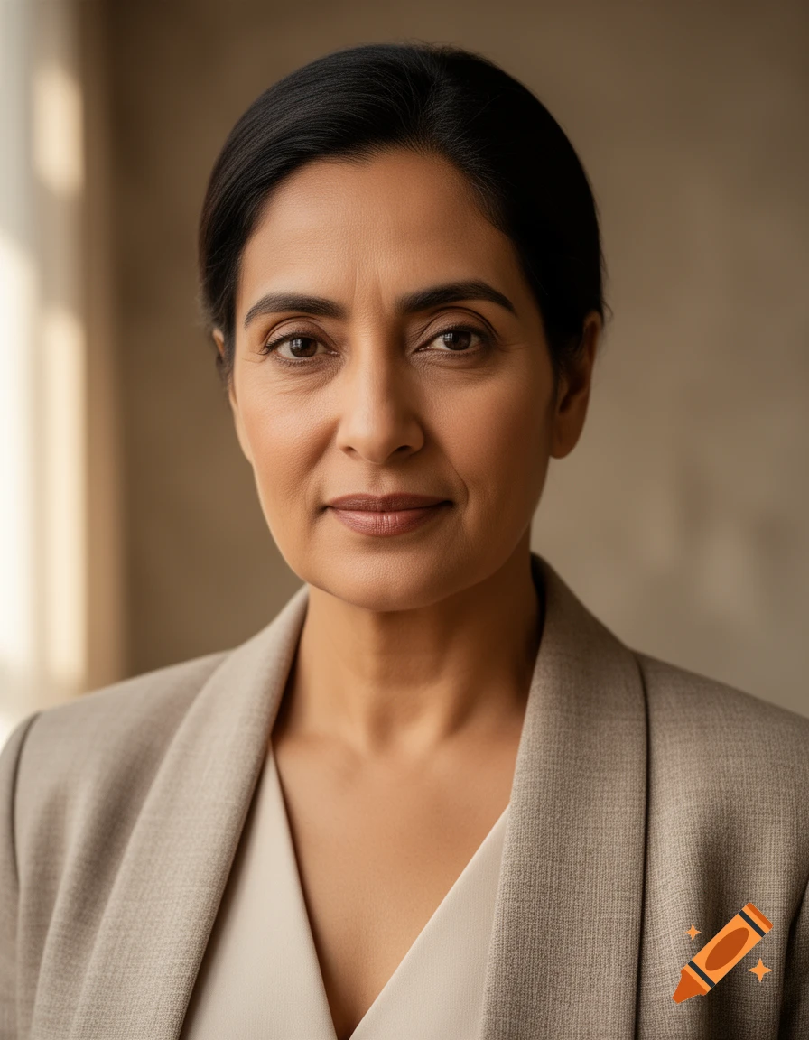 Photorealistic headshot of a middle-aged woman with dark hair wearing a beige blazer.