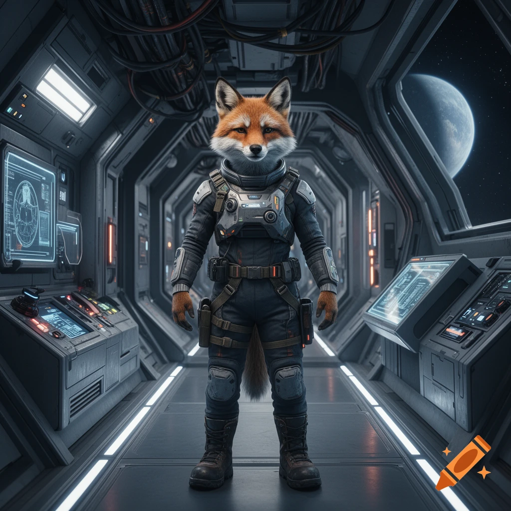 An anthropomorphic red fox wearing a futuristic spacesuit standing inside a spacecraft corridor with a planet visible through the window, photorealistic style.