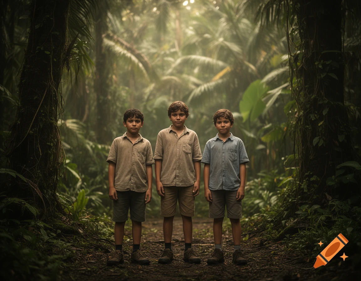 Three young boys standing on a dirt path in a dense, misty jungle with lush green foliage, photorealistic style.