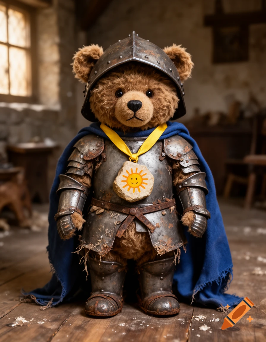 A photorealistic teddy bear wearing battle-worn medieval knight armor and a blue cape, with a small sun painted on a stone pendant.