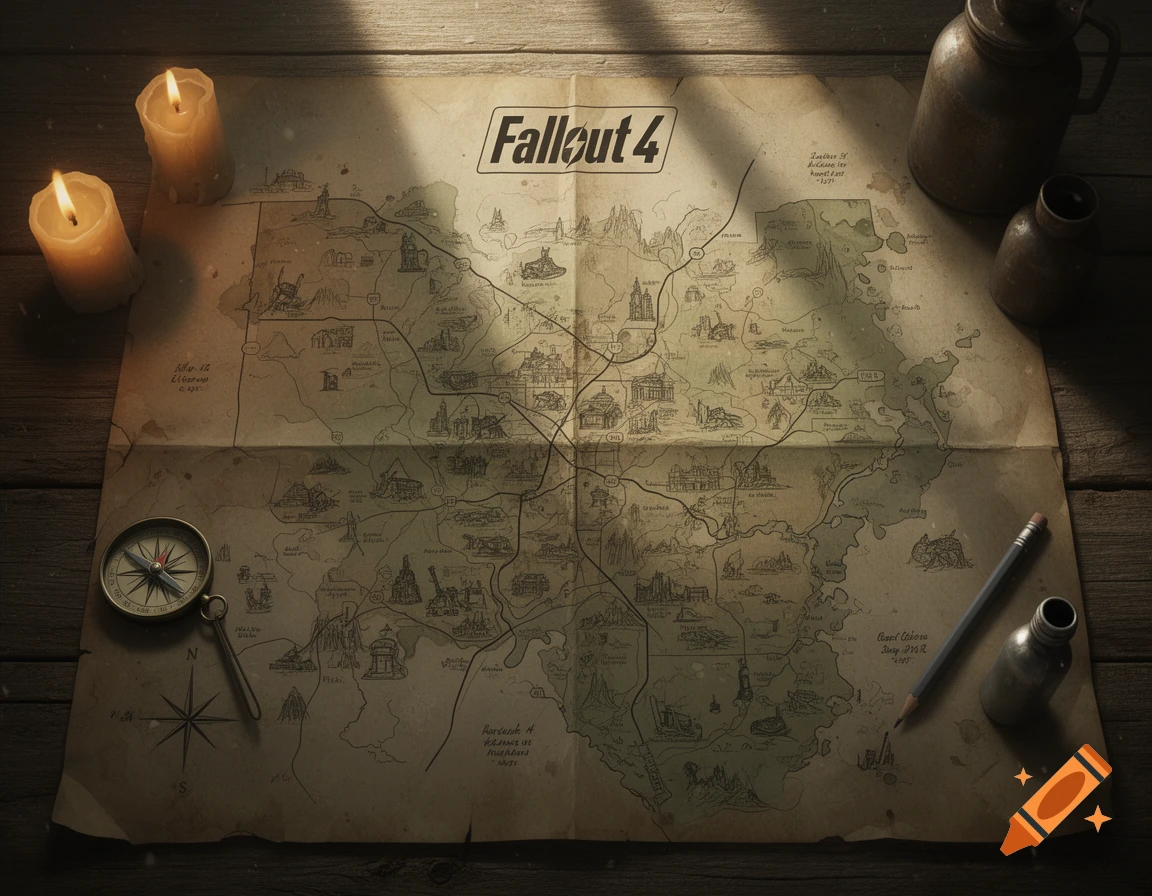A detailed Fallout 4 paper map on a wooden table, surrounded by lit candles, a compass, and a pencil, in a realistic style.
