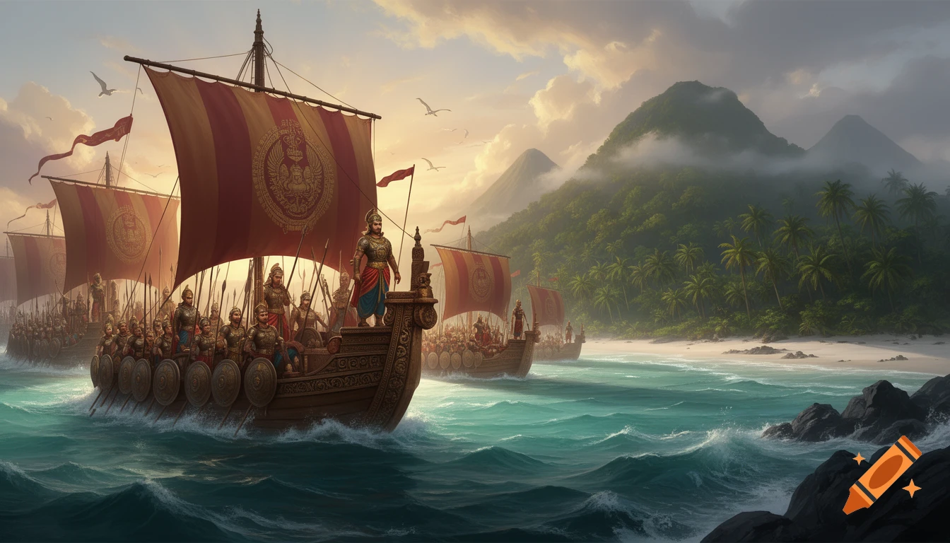 Digital painting of a Chola Empire fleet sailing across the ocean towards a tropical island with lush green mountains.
