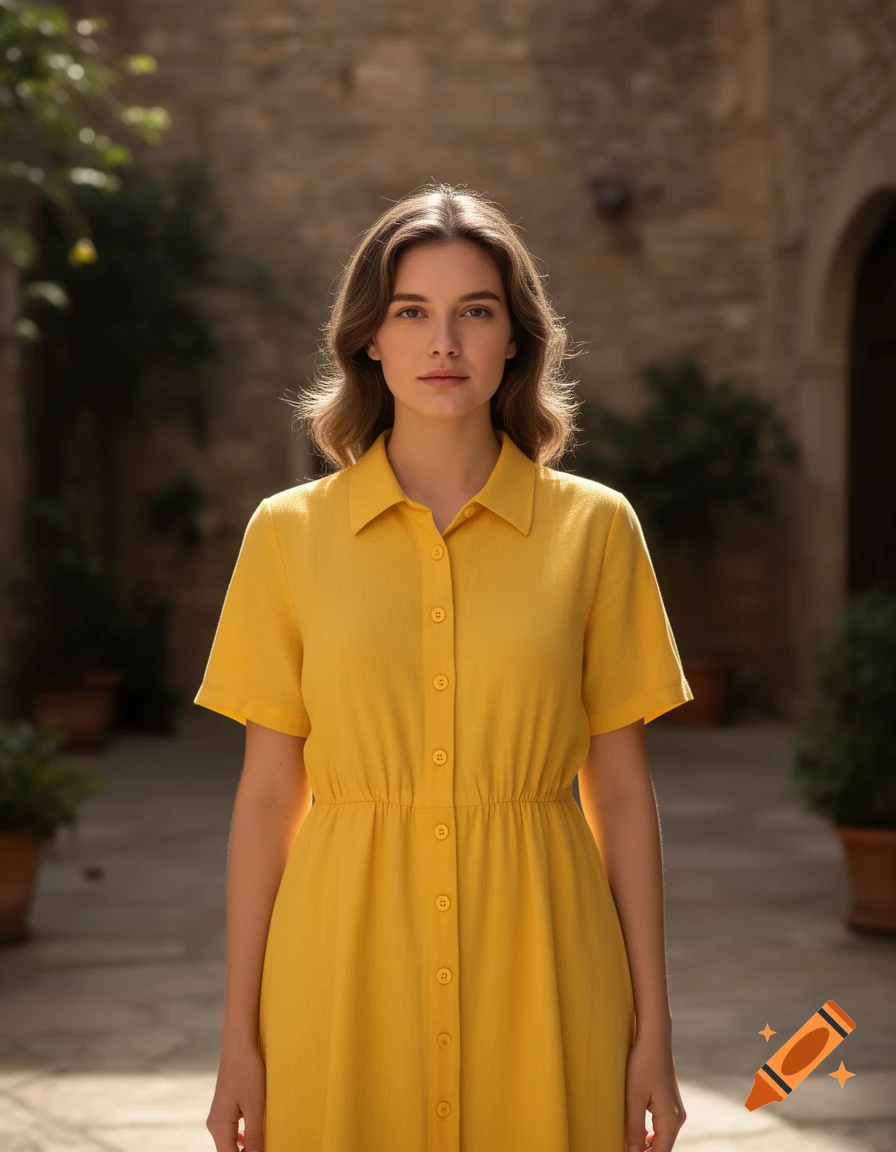 Photorealistic portrait of a young woman standing outdoors in a courtyard, wearing a yellow button-up dress.
