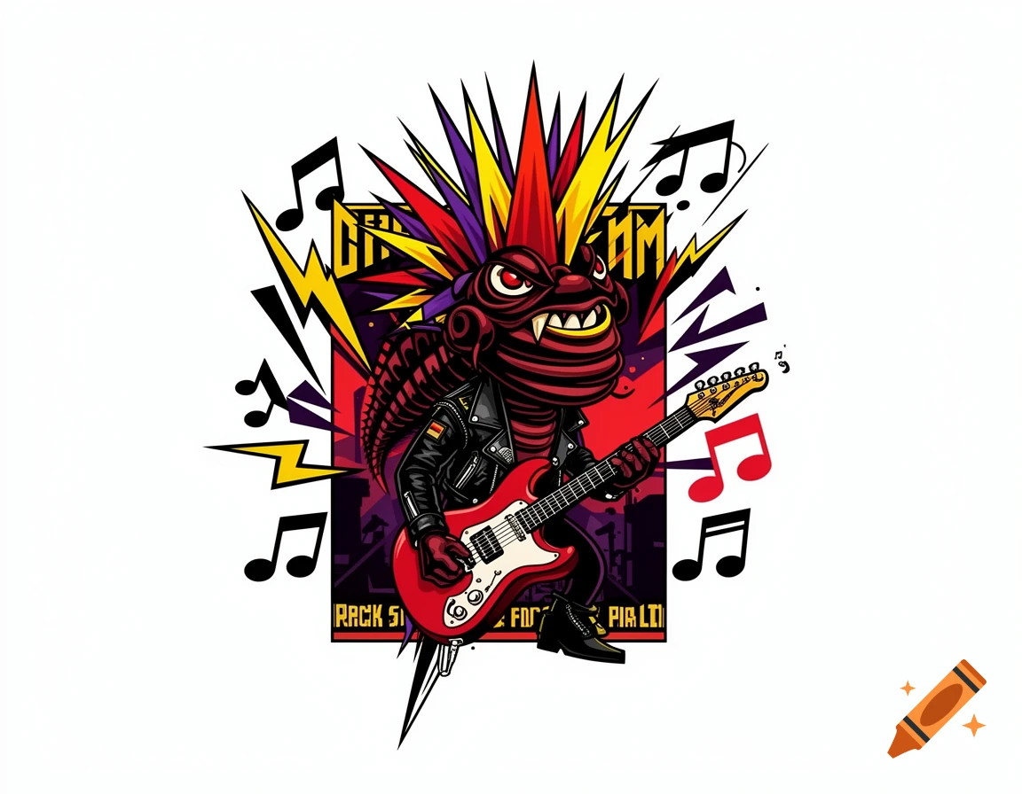An animated punk rock trilobite with a colorful mohawk and a leather jacket playing a red electric guitar, digital illustration.