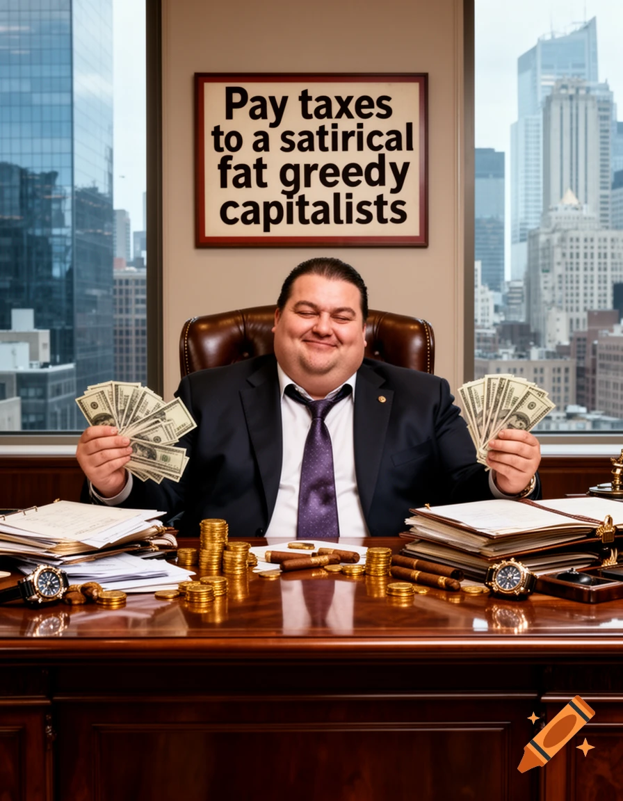 A smiling, overweight man in a suit holding handfuls of cash at a desk filled with money, cigars, and watches, with a sign reading 'Pay taxes to a satirical fat greedy capitalists' on the wall.