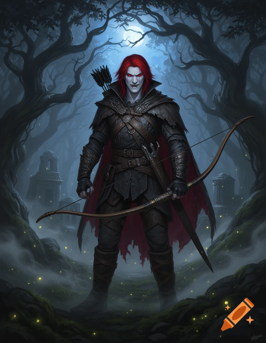 Digital illustration of a male vampire with red hair and red eyes, wearing leather armor and a cloak, holding a bow in a dark forest.