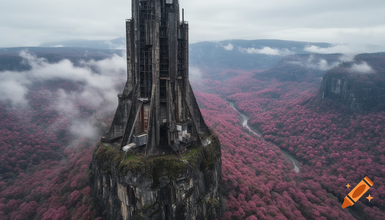 Aerial view of a massive brutalist industrial spire perched on a cliff above a vast valley of pink-leafed trees.