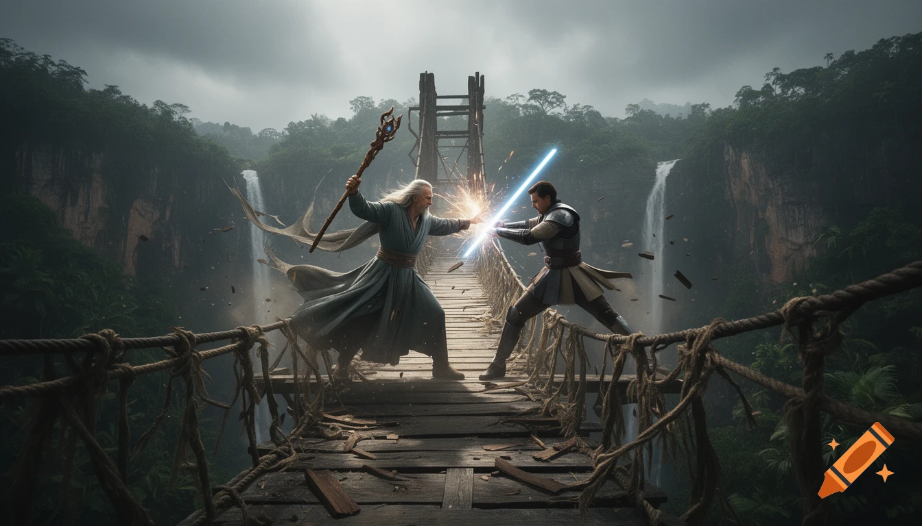 A wizard and a sci-fi warrior fighting on a rustic rope bridge over a jungle waterfall, photorealistic style.