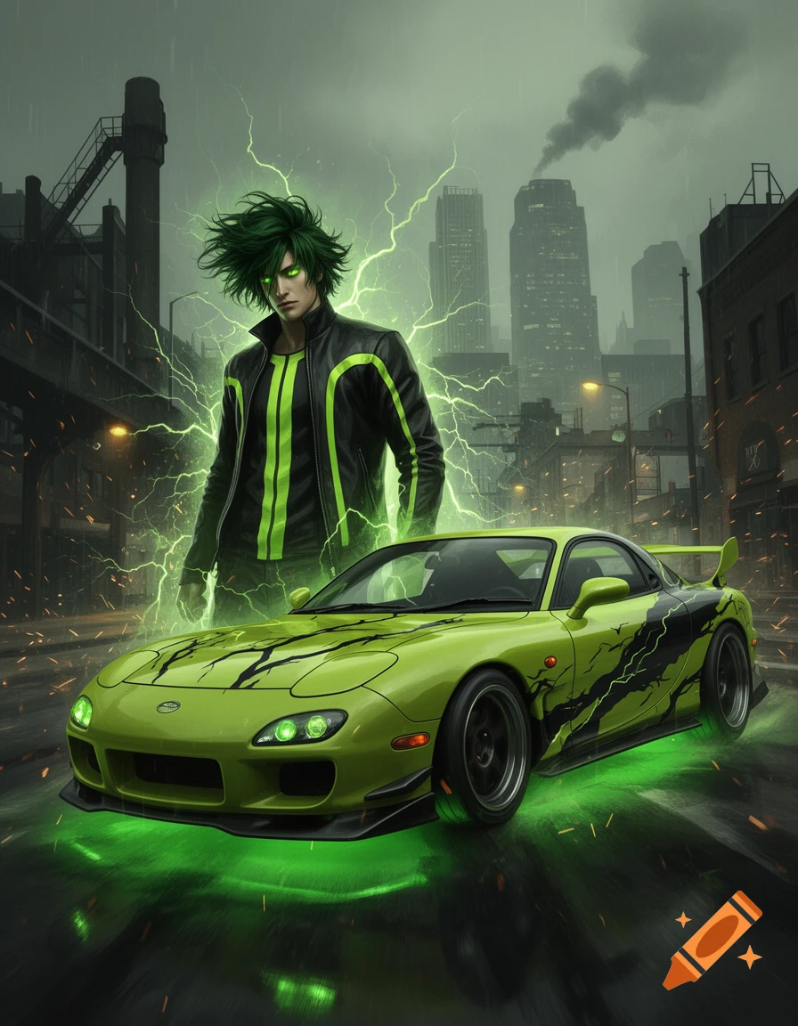 A stylized digital painting of a man with green hair and lightning aura standing next to a tuned green Mazda RX-7 in a gritty city.