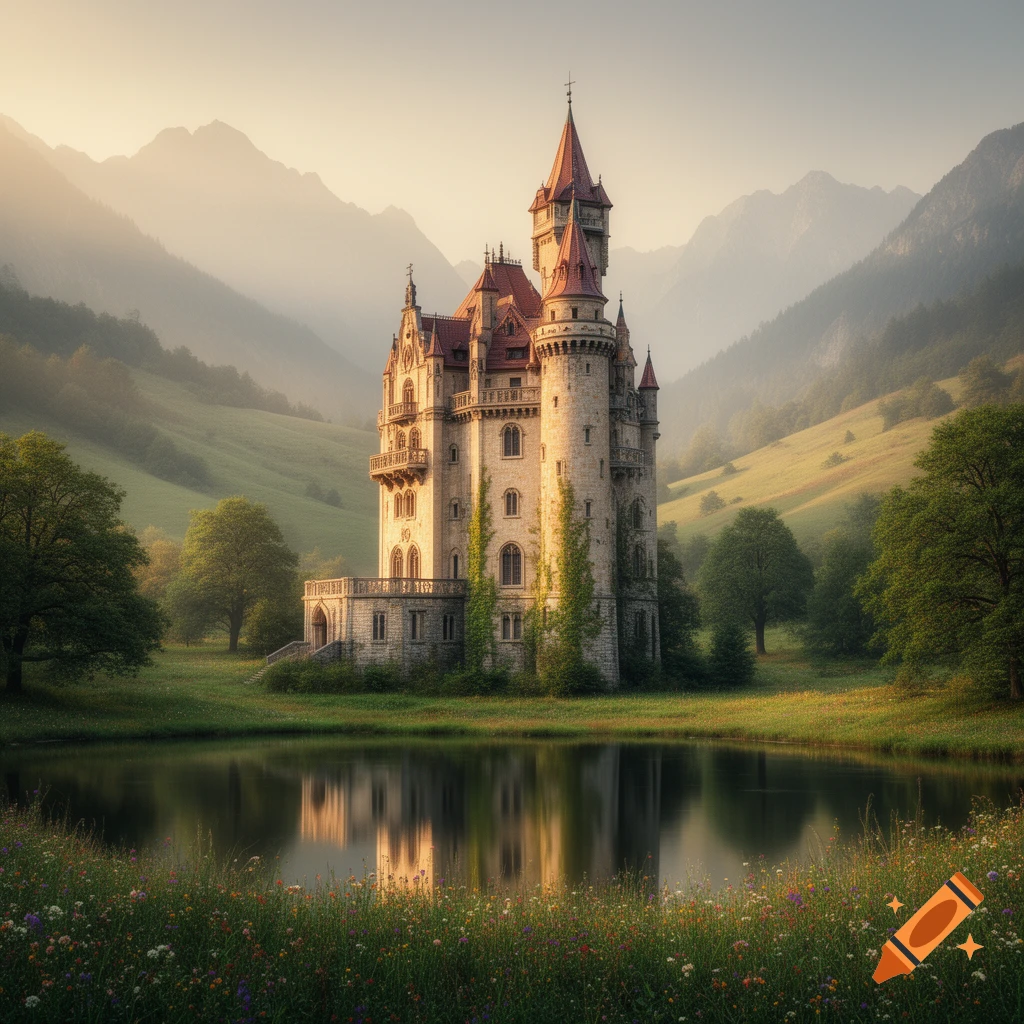 Photorealistic fairy tale castle by a calm lake surrounded by lush green hills and misty mountains.