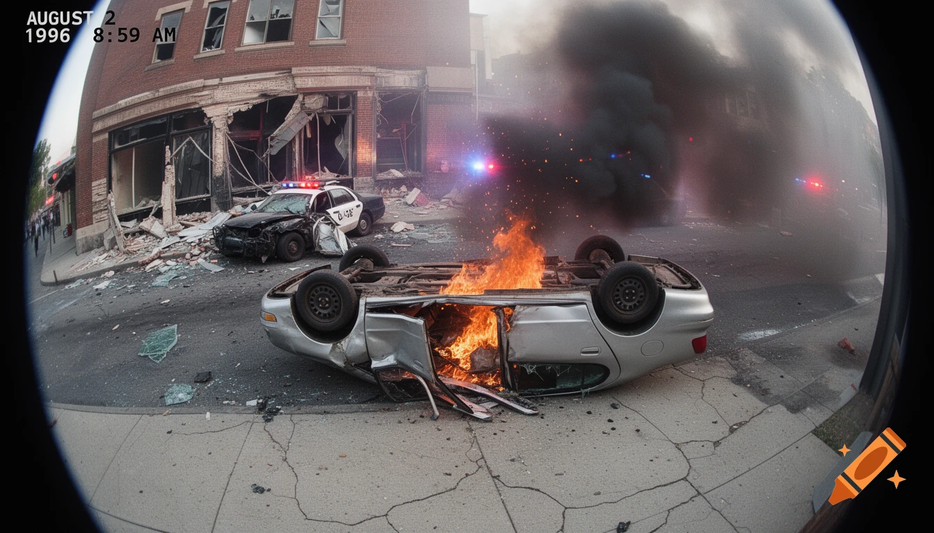 Fish-eye security camera view of a flipped, burning car and a crashed police cruiser in front of a damaged brick building.